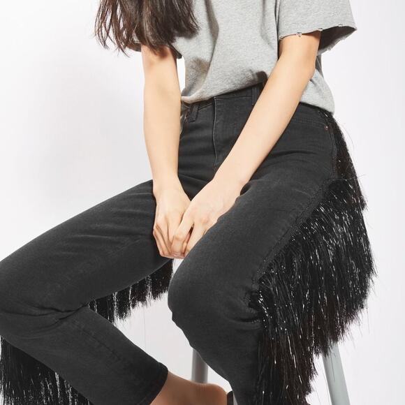 Topshop Black Tinsel Fringe Straight Leg Jeans - Picture 2 of 9
